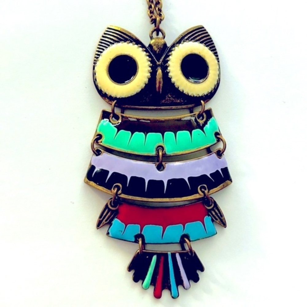 Retro Style Multicolour Large Owl Pendant Necklace, NWT
